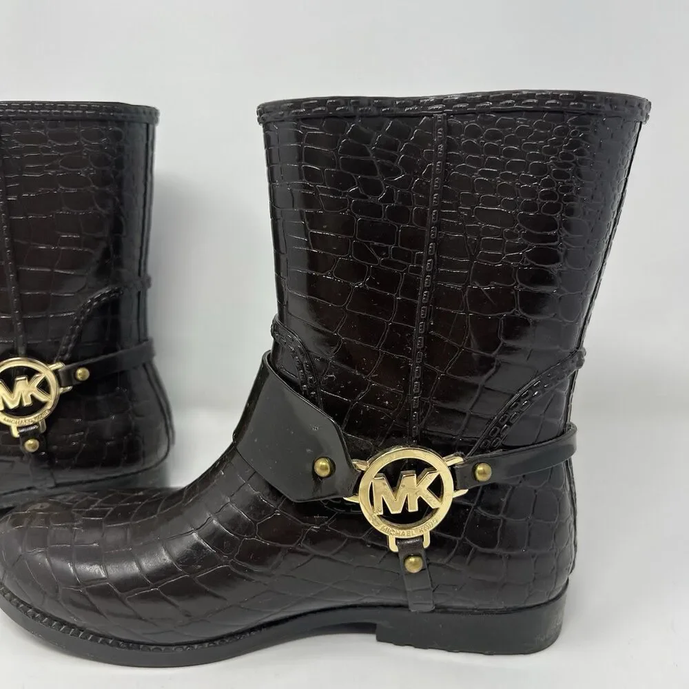 Michael Kors Rain Booties Dark Brown Croc Embossed Equestrian Rubber Rainboot S7